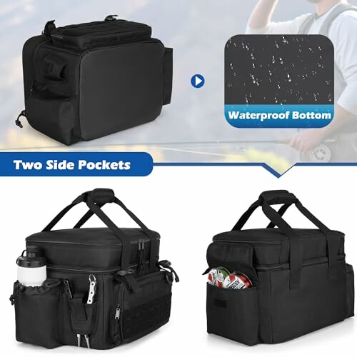 Black travel bag with waterproof bottom and side pockets.