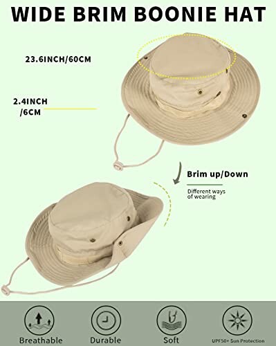 Wide brim boonie hat with adjustable brim and chin strap
