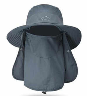 Wide-brim sun hat with neck flap for protection.