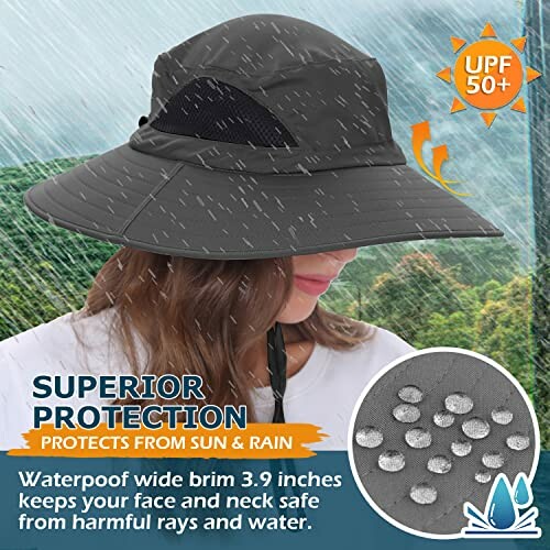 Person wearing a wide-brim sun hat in the rain, with UPF 50+ protection.