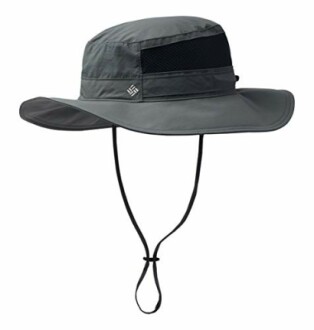 Wide-brim sun hat with adjustable chin strap.