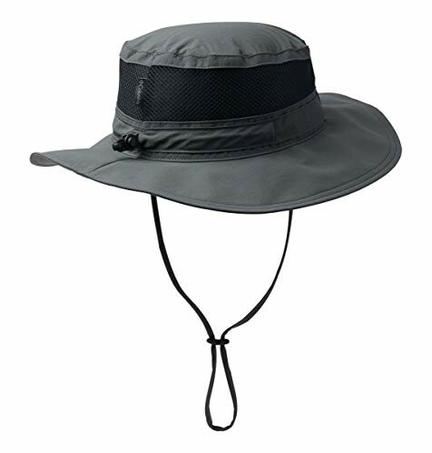 Dark gray wide-brim sun hat with chin strap.