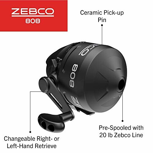 Zebco 808 fishing reel with ceramic pick-up pin and 20 lb line
