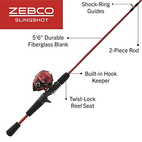 Zebco Slingshot red fishing rod with features labeled.